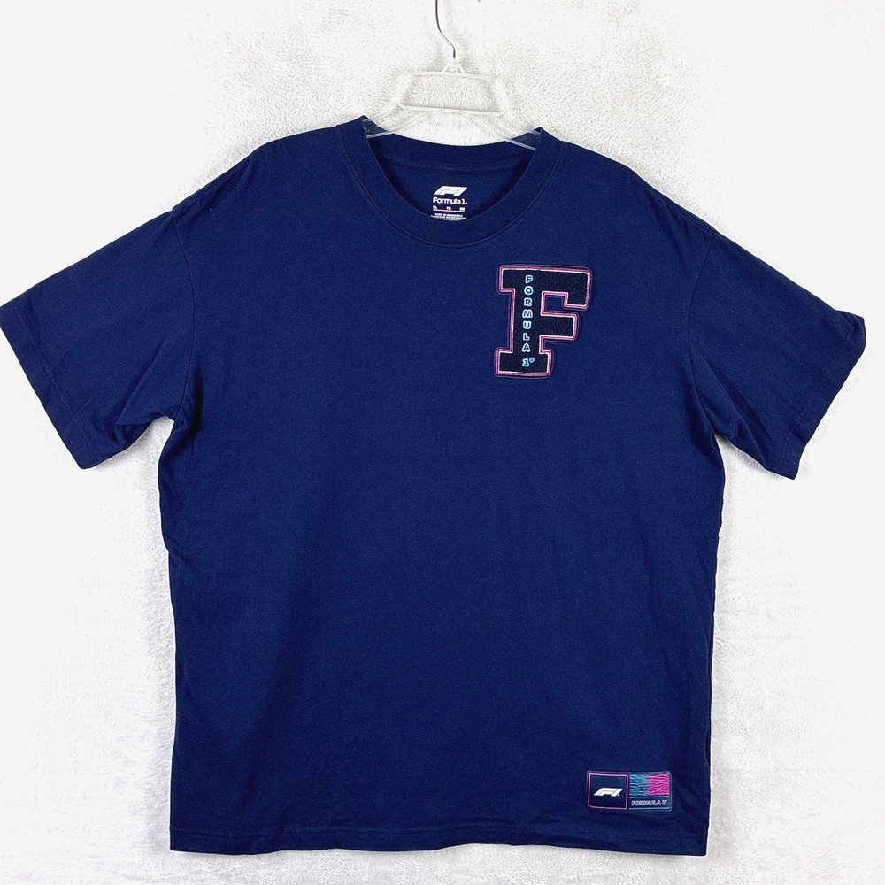 Formula 1 Tshirt Mens XL Navy Embroidered Varsity Letter Patch Car Racing Preppy